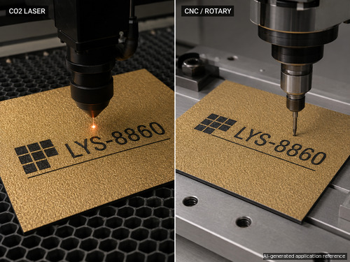 LYS-8860 coarse grain gold plastic processed by CO2 laser and CNC rotary machines